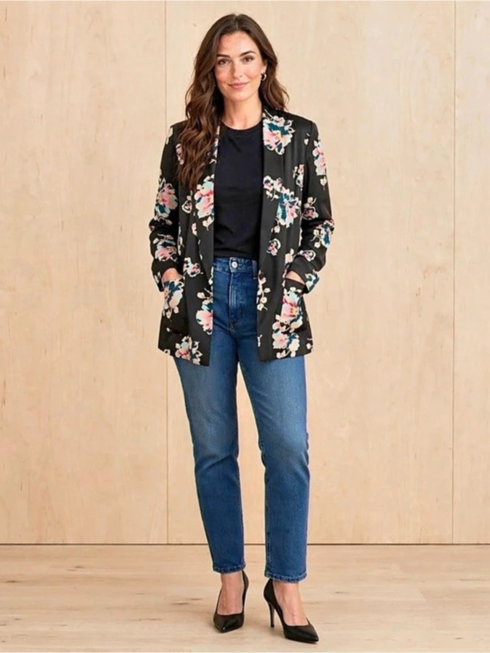 Anthropologie ett:twa Floral Satin Blazer Black Pink Blue Size M 22” PTP 33”L